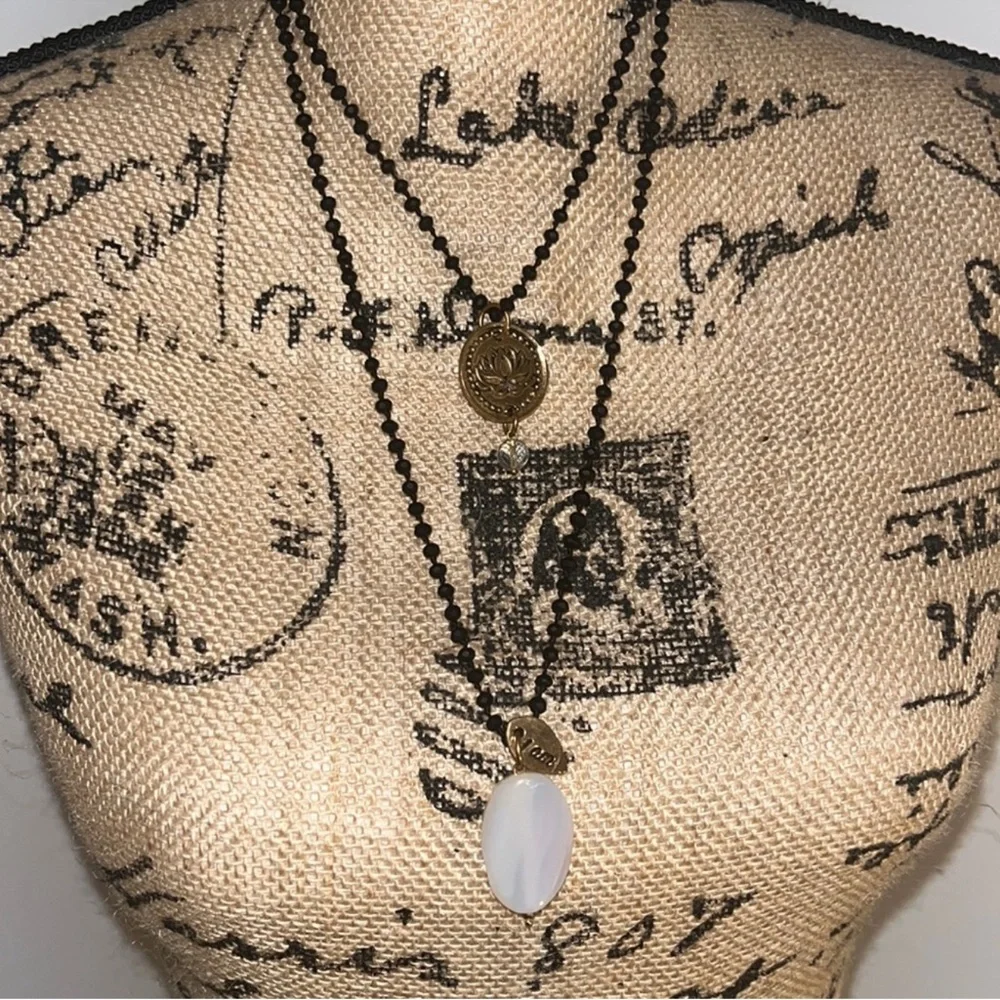 Katia Designs. Gold Pendant Necklace with Black Beads and Crystal Quartz - Picture 4 of 7